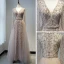 High-end Champagne Prom Dresses 2020 A-Line / Princess Deep V-Neck Long Sleeve Sash Beading Floor-Length / Long Ruffle Formal Dresses