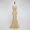 High-end Champagne See-through Red Carpet Evening Dresses  2020 Trumpet / Mermaid Scoop Neck Long Sleeve Beading Sequins Sweep Train Ruffle Backless Formal Dresses
