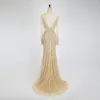High-end Champagne See-through Red Carpet Evening Dresses  2020 Trumpet / Mermaid Scoop Neck Long Sleeve Beading Sequins Sweep Train Ruffle Backless Formal Dresses