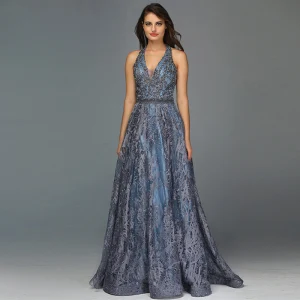 High End Mørk Marineblå Dancing Ballkjoler 2020 Prinsesse V Hals Uten Ermer Appliques Blonder Beading Lange Buste Ryggløse Formelle Kjoler