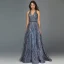 High-end Navy Blue Dancing Prom Dresses 2020 A-Line / Princess V-Neck Sleeveless Appliques Lace Beading Floor-Length / Long Ruffle Backless Formal Dresses