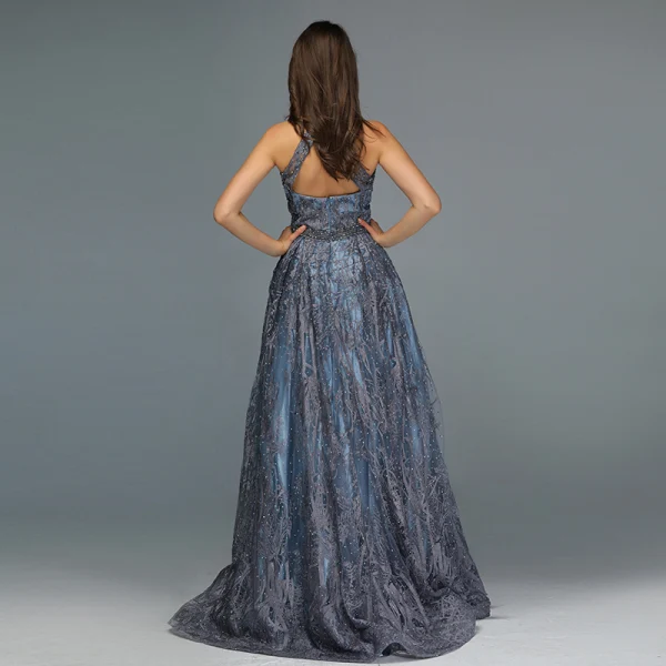 High-end Navy Blue Dancing Prom Dresses 2020 A-Line / Princess V-Neck Sleeveless Appliques Lace Beading Floor-Length / Long Ruffle Backless Formal Dresses
