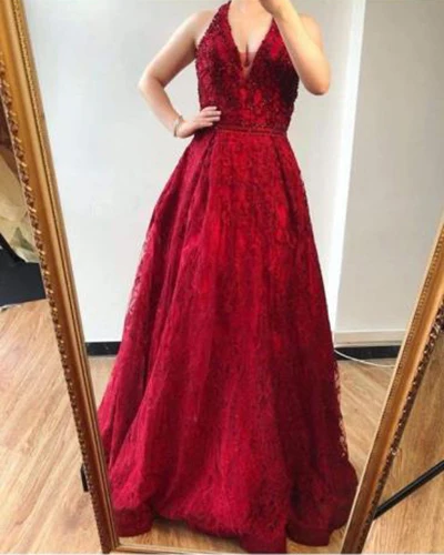 High-end Navy Blue Dancing Prom Dresses 2020 A-Line / Princess V-Neck Sleeveless Appliques Lace Beading Floor-Length / Long Ruffle Backless Formal Dresses