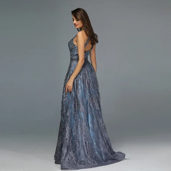 High-end Navy Blue Dancing Prom Dresses 2020 A-Line / Princess V-Neck Sleeveless Appliques Lace Beading Floor-Length / Long Ruffle Backless Formal Dresses