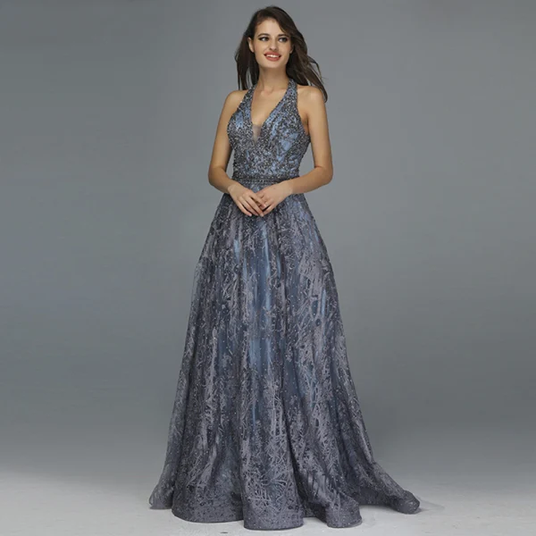 High-end Navy Blue Dancing Prom Dresses 2020 A-Line / Princess V-Neck Sleeveless Appliques Lace Beading Floor-Length / Long Ruffle Backless Formal Dresses