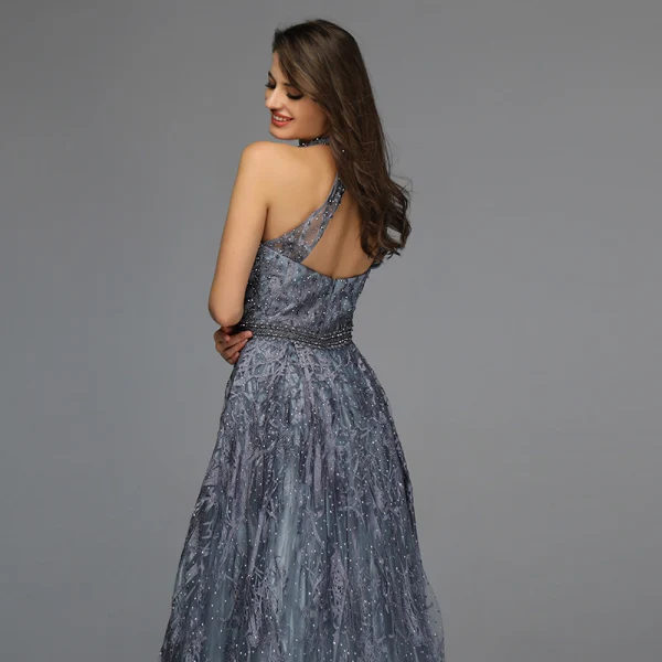 High-end Navy Blue Dancing Prom Dresses 2020 A-Line / Princess V-Neck Sleeveless Appliques Lace Beading Floor-Length / Long Ruffle Backless Formal Dresses