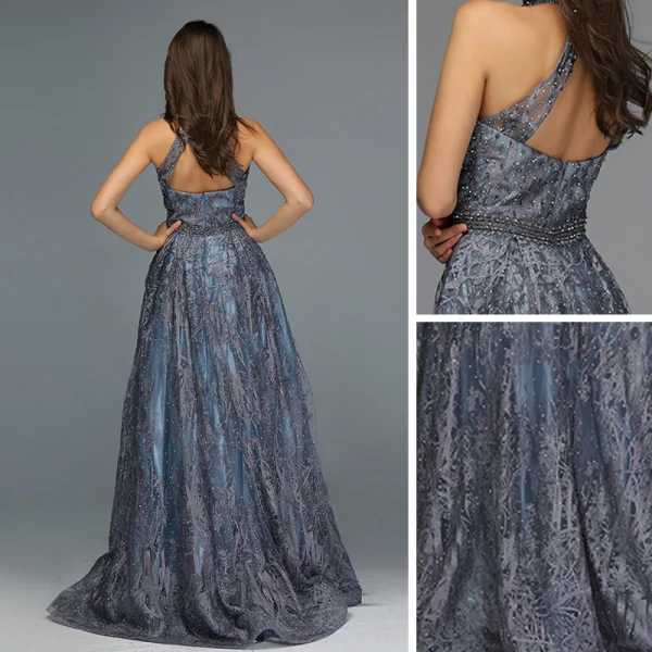 High-end Navy Blue Dancing Prom Dresses 2020 A-Line / Princess V-Neck Sleeveless Appliques Lace Beading Floor-Length / Long Ruffle Backless Formal Dresses