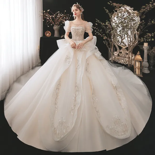 Luxury / Gorgeous Champagne Bridal Wedding Dresses 2020 Ball Gown See-through Scoop Neck Puffy Short Sleeve Backless Beading Sequins Glitter Tulle Royal Train Ruffle