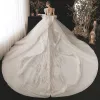 Luxury / Gorgeous Champagne Bridal Wedding Dresses 2020 Ball Gown See-through Scoop Neck Puffy Short Sleeve Backless Beading Sequins Glitter Tulle Royal Train Ruffle