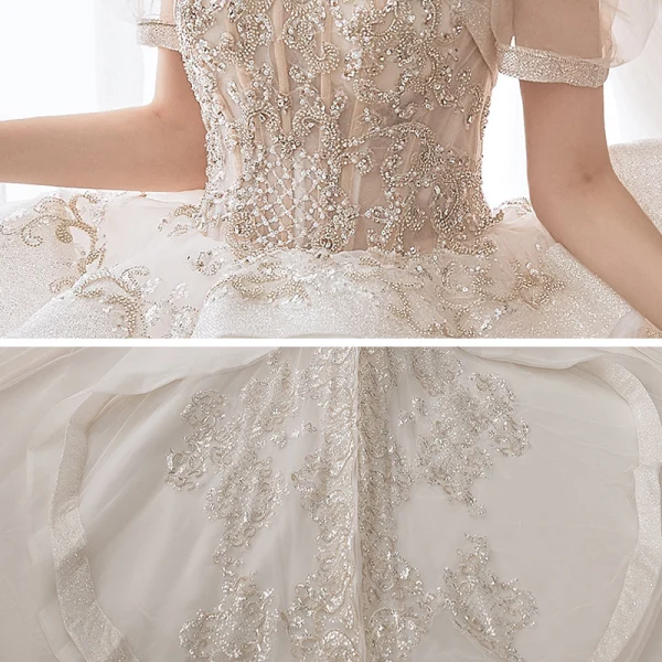 Luxe Champagne La Mariée Robe De Mariée 2020 Robe Boule Transparentes Encolure Dégagée Gonflée Manches Courtes Dos Nu Perlage Paillettes Glitter Tulle Royal Train Volants