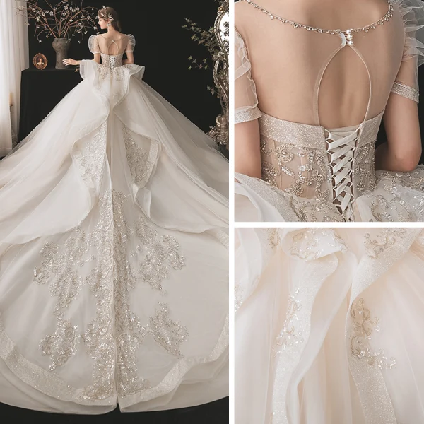 Luxe Champagne La Mariée Robe De Mariée 2020 Robe Boule Transparentes Encolure Dégagée Gonflée Manches Courtes Dos Nu Perlage Paillettes Glitter Tulle Royal Train Volants