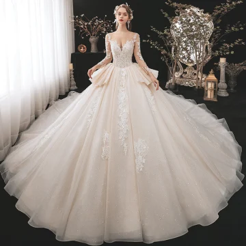 Luxe Champagne Bruids Trouwjurken 2020 Baljurk Doorzichtige Ronde Hals 3 4 Mouwen Ruglooze Glans Tule Appliques Kant Pailletten Kralen Cathedral Train Ruche