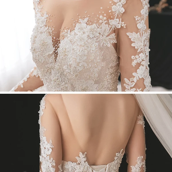 Luxe Champagne La Mariée Robe De Mariée 2020 Robe Boule Transparentes Encolure Dégagée 3/4 Manches Dos Nu Glitter Tulle Appliques En Dentelle Paillettes Perlage Cathedral Train Volants