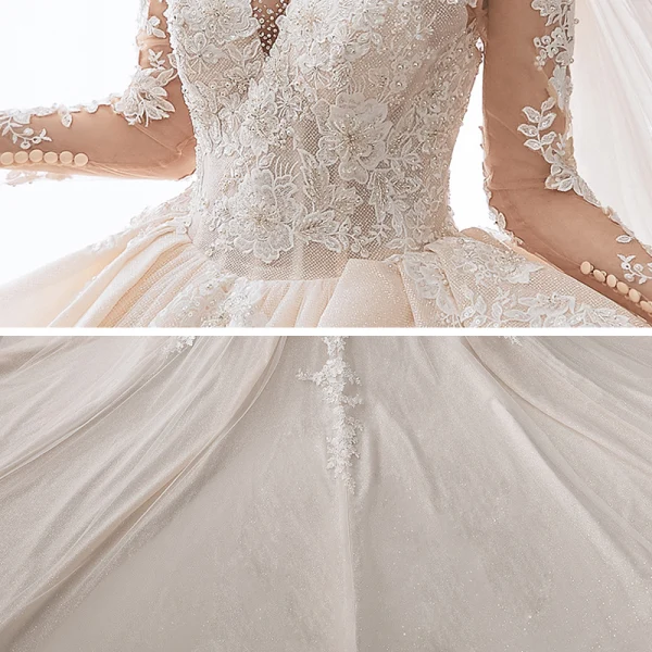Luxe Champagne La Mariée Robe De Mariée 2020 Robe Boule Transparentes Encolure Dégagée 3/4 Manches Dos Nu Glitter Tulle Appliques En Dentelle Paillettes Perlage Cathedral Train Volants