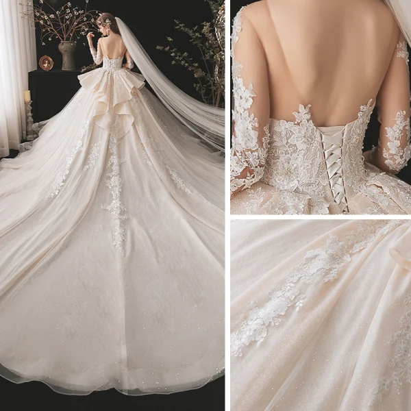 Luxe Champagne La Mariée Robe De Mariée 2020 Robe Boule Transparentes Encolure Dégagée 3/4 Manches Dos Nu Glitter Tulle Appliques En Dentelle Paillettes Perlage Cathedral Train Volants