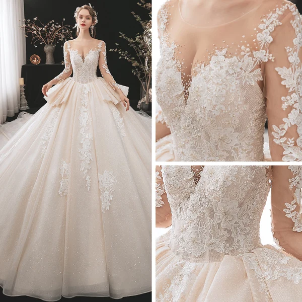Luxe Champagne La Mariée Robe De Mariée 2020 Robe Boule Transparentes Encolure Dégagée 3/4 Manches Dos Nu Glitter Tulle Appliques En Dentelle Paillettes Perlage Cathedral Train Volants