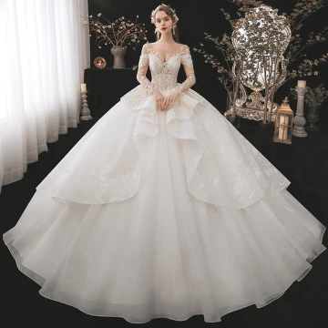 Luxe La Mariée Champagne Robe De Mariée 2020 Robe Boule Transparentes Encolure Dégagée Manches Longues Dos Nu Appliques En Dentelle Perlage Paillettes Cathedral Train Volants