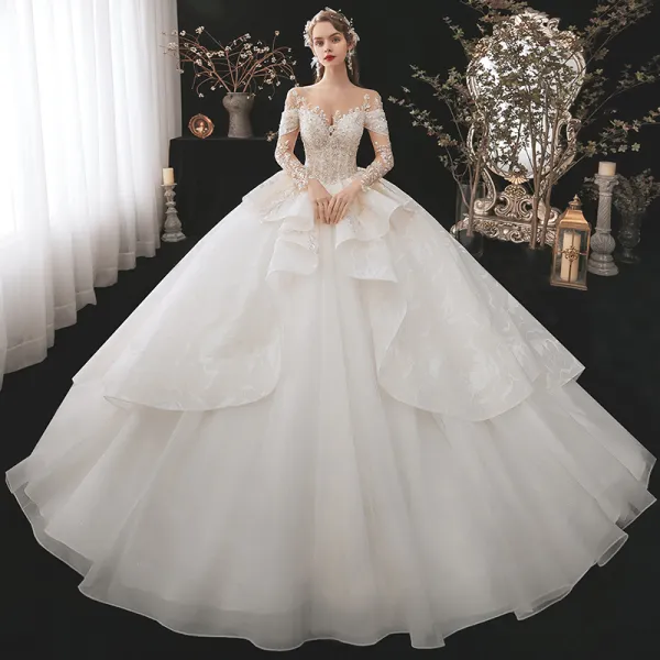 Luxury / Gorgeous Bridal Champagne Wedding Dresses 2020 Ball Gown See-through Scoop Neck Long Sleeve Backless Appliques Lace Beading Sequins Cathedral Train Ruffle