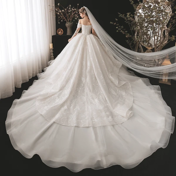 Luxury / Gorgeous Bridal Champagne Wedding Dresses 2020 Ball Gown See-through Scoop Neck Long Sleeve Backless Appliques Lace Beading Sequins Cathedral Train Ruffle