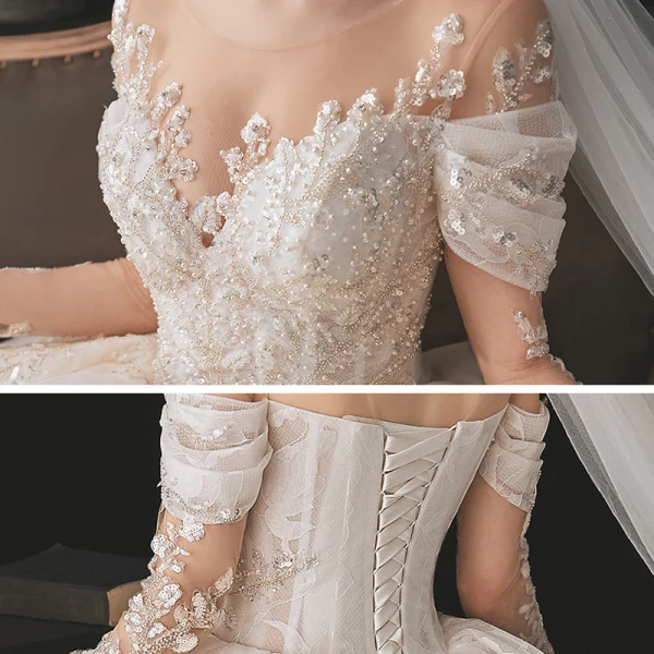 Luxury / Gorgeous Bridal Champagne Wedding Dresses 2020 Ball Gown See-through Scoop Neck Long Sleeve Backless Appliques Lace Beading Sequins Cathedral Train Ruffle