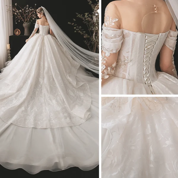 Luxury / Gorgeous Bridal Champagne Wedding Dresses 2020 Ball Gown See-through Scoop Neck Long Sleeve Backless Appliques Lace Beading Sequins Cathedral Train Ruffle