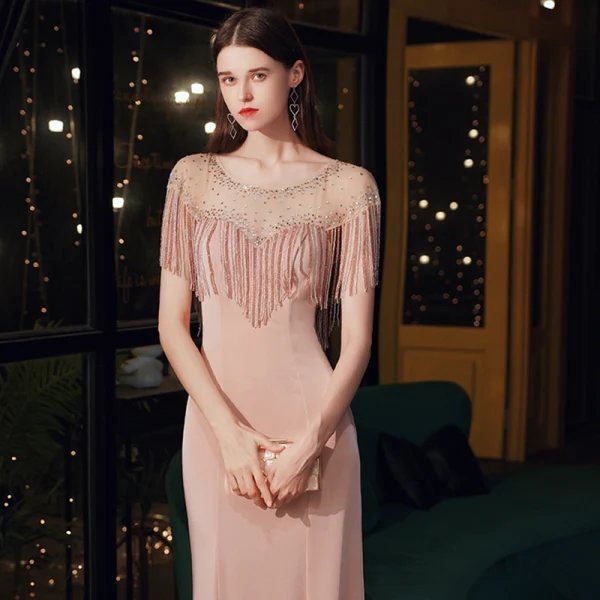 High End Pearl Rosa Durchsichtige Abendkleider 2020 Meerjungfrau Rundhalsausschnitt Ärmellos Strass Perlenstickerei Quaste Sweep / Pinsel Zug Rüschen Festliche Kleider