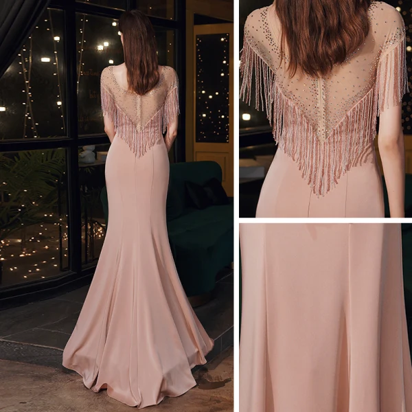 High End Pearl Rosa Durchsichtige Abendkleider 2020 Meerjungfrau Rundhalsausschnitt Ärmellos Strass Perlenstickerei Quaste Sweep / Pinsel Zug Rüschen Festliche Kleider