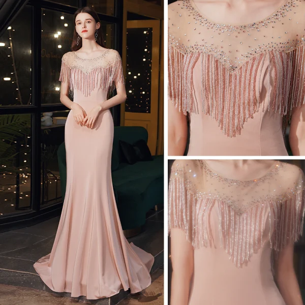 High End Pearl Rosa Durchsichtige Abendkleider 2020 Meerjungfrau Rundhalsausschnitt Ärmellos Strass Perlenstickerei Quaste Sweep / Pinsel Zug Rüschen Festliche Kleider
