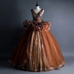 Best Brown Dancing Prom Dresses 2020 Ball Gown V Neck Sleeveless Appliques Lace Beading Sequins Glitter Tulle Floor Length Long Backless Ruffle Formal Dresses