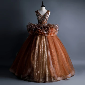 Best Brown Dancing Prom Dresses 2020 Ball Gown V Neck Sleeveless Appliques Lace Beading Sequins Glitter Tulle Floor Length Long Backless Ruffle Formal Dresses