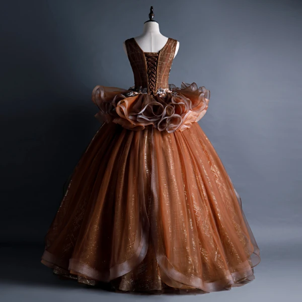 Best Brown Dancing Prom Dresses 2020 Ball Gown V-Neck Sleeveless Appliques Lace Beading Sequins Glitter Tulle Floor-Length / Long Backless Ruffle Formal Dresses