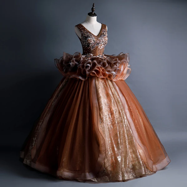 Best Brown Dancing Prom Dresses 2020 Ball Gown V-Neck Sleeveless Appliques Lace Beading Sequins Glitter Tulle Floor-Length / Long Backless Ruffle Formal Dresses