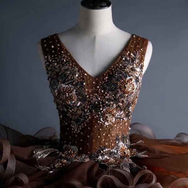 Best Brown Dancing Prom Dresses 2020 Ball Gown V-Neck Sleeveless Appliques Lace Beading Sequins Glitter Tulle Floor-Length / Long Backless Ruffle Formal Dresses
