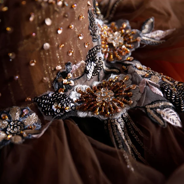Best Brown Dancing Prom Dresses 2020 Ball Gown V-Neck Sleeveless Appliques Lace Beading Sequins Glitter Tulle Floor-Length / Long Backless Ruffle Formal Dresses