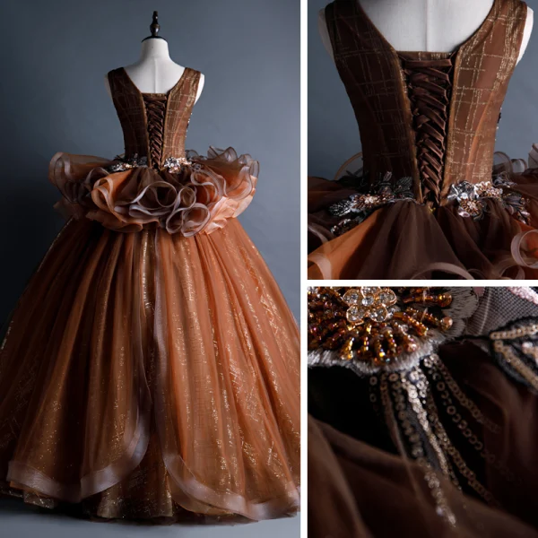 Best Brown Dancing Prom Dresses 2020 Ball Gown V-Neck Sleeveless Appliques Lace Beading Sequins Glitter Tulle Floor-Length / Long Backless Ruffle Formal Dresses