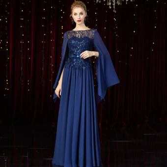 High End Navy Blue Chiffon Evening Dresses 2020 A Line Princess See Through Square Neckline Long Sleeve Feather Sash Sequins Beading Floor Length Long Ruffle Backless Formal Dresses