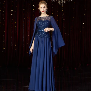 High End Navy Blue Chiffon Evening Dresses 2020 A Line Princess See Through Square Neckline Long Sleeve Feather Sash Sequins Beading Floor Length Long Ruffle Backless Formal Dresses