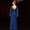 High-end Navy Blue Chiffon Evening Dresses  2020 A-Line / Princess See-through Square Neckline Long Sleeve Feather Sash Sequins Beading Floor-Length / Long Ruffle Backless Formal Dresses