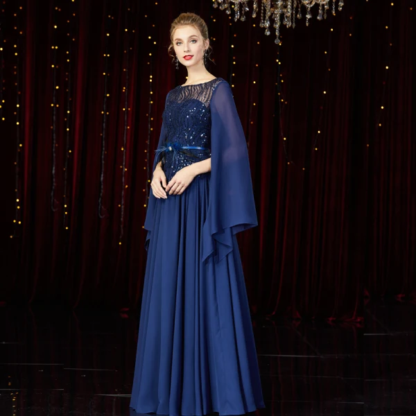 High End Marineblau Chiffon Abendkleider 2020 A Linie Durchsichtige Eckiger Ausschnitt Lange Ärmel Feder Stoffgürtel Pailletten Perlenstickerei Lange Rüschen Rückenfreies Festliche Kleider