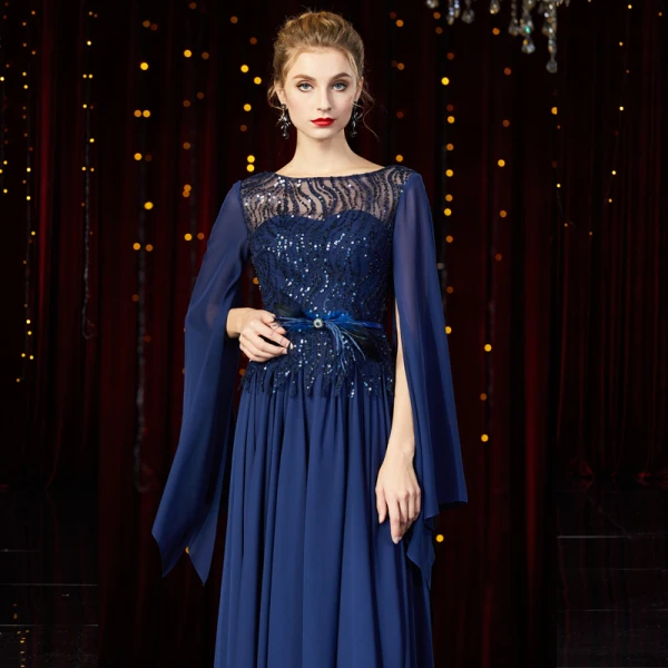 High End Marineblau Chiffon Abendkleider 2020 A Linie Durchsichtige Eckiger Ausschnitt Lange Ärmel Feder Stoffgürtel Pailletten Perlenstickerei Lange Rüschen Rückenfreies Festliche Kleider