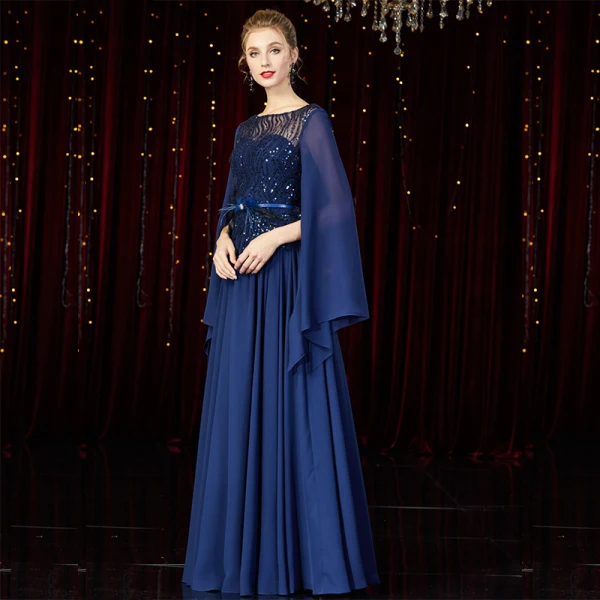 High End Marineblau Chiffon Abendkleider 2020 A Linie Durchsichtige Eckiger Ausschnitt Lange Ärmel Feder Stoffgürtel Pailletten Perlenstickerei Lange Rüschen Rückenfreies Festliche Kleider