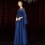 High End Marineblau Chiffon Abendkleider 2020 A Linie Durchsichtige Eckiger Ausschnitt Lange Ärmel Feder Stoffgürtel Pailletten Perlenstickerei Lange Rüschen Rückenfreies Festliche Kleider