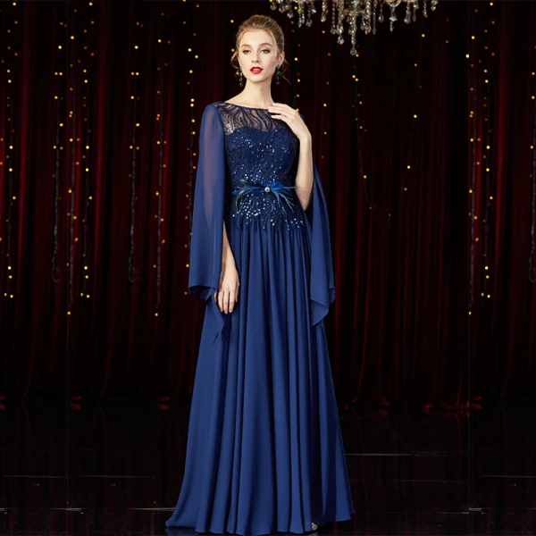High End Marineblau Chiffon Abendkleider 2020 A Linie Durchsichtige Eckiger Ausschnitt Lange Ärmel Feder Stoffgürtel Pailletten Perlenstickerei Lange Rüschen Rückenfreies Festliche Kleider