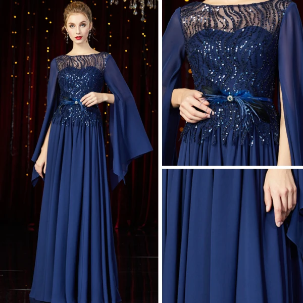 High End Marineblau Chiffon Abendkleider 2020 A Linie Durchsichtige Eckiger Ausschnitt Lange Ärmel Feder Stoffgürtel Pailletten Perlenstickerei Lange Rüschen Rückenfreies Festliche Kleider