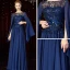 High End Marineblau Chiffon Abendkleider 2020 A Linie Durchsichtige Eckiger Ausschnitt Lange Ärmel Feder Stoffgürtel Pailletten Perlenstickerei Lange Rüschen Rückenfreies Festliche Kleider