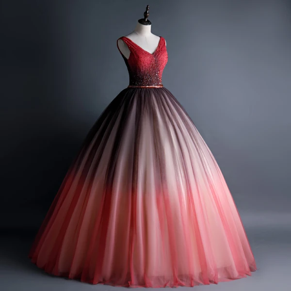 Beste Rot Tanzen Ballkleider 2020 Ballkleid V-Ausschnitt Ärmellos Stoffgürtel Pailletten Perlenstickerei Lange Rüschen Rückenfreies Festliche Kleider