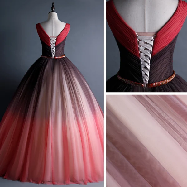 Beste Rot Tanzen Ballkleider 2020 Ballkleid V-Ausschnitt Ärmellos Stoffgürtel Pailletten Perlenstickerei Lange Rüschen Rückenfreies Festliche Kleider