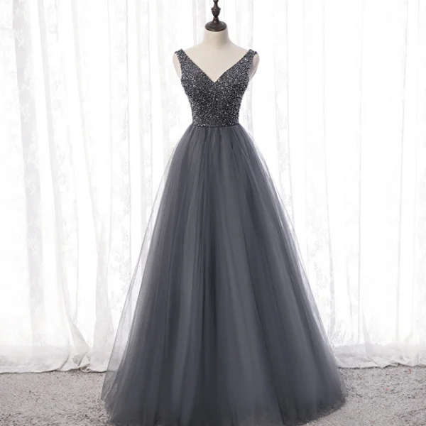 Best Grey Dancing Prom Dresses 2020 A-Line / Princess V-Neck Sleeveless Beading Floor-Length / Long Ruffle Backless Formal Dresses