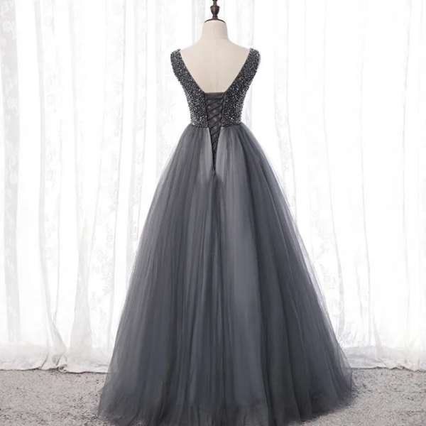 Best Grey Dancing Prom Dresses 2020 A-Line / Princess V-Neck Sleeveless Beading Floor-Length / Long Ruffle Backless Formal Dresses