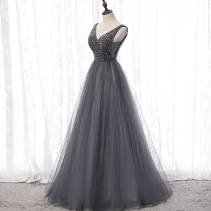Best Grey Dancing Prom Dresses 2020 A Line Princess V Neck Sleeveless Beading Floor Length Long Ruffle Backless Formal Dresses